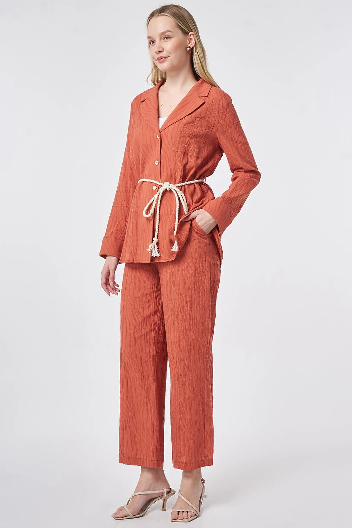 Rope Belt Detail Cotton Two-Piece Set – Terracotta