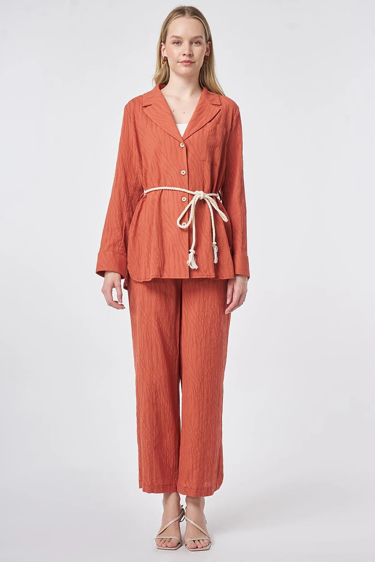 Rope Belt Detail Cotton Two-Piece Set – Terracotta
