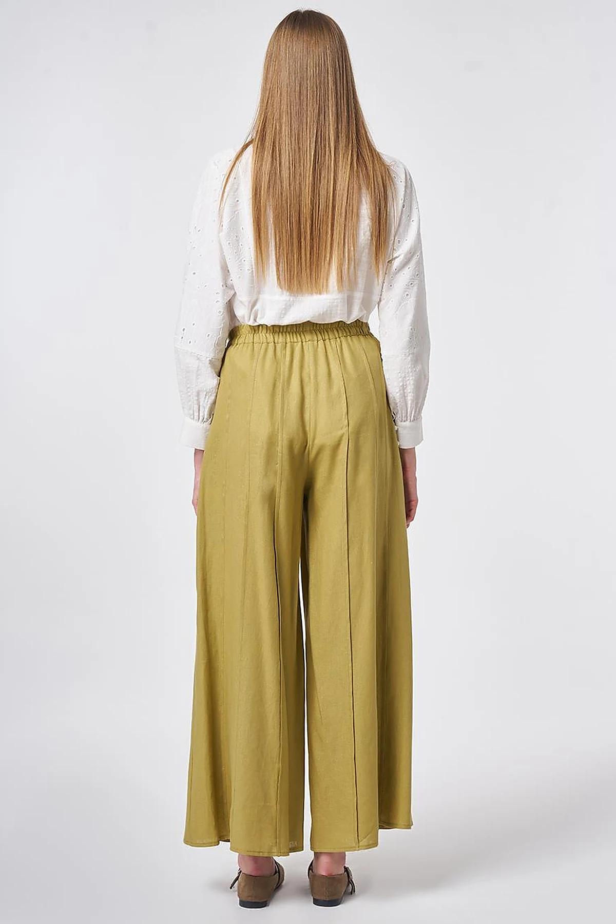 Panel-Stitched Linen Lyocell Trousers Olive Green