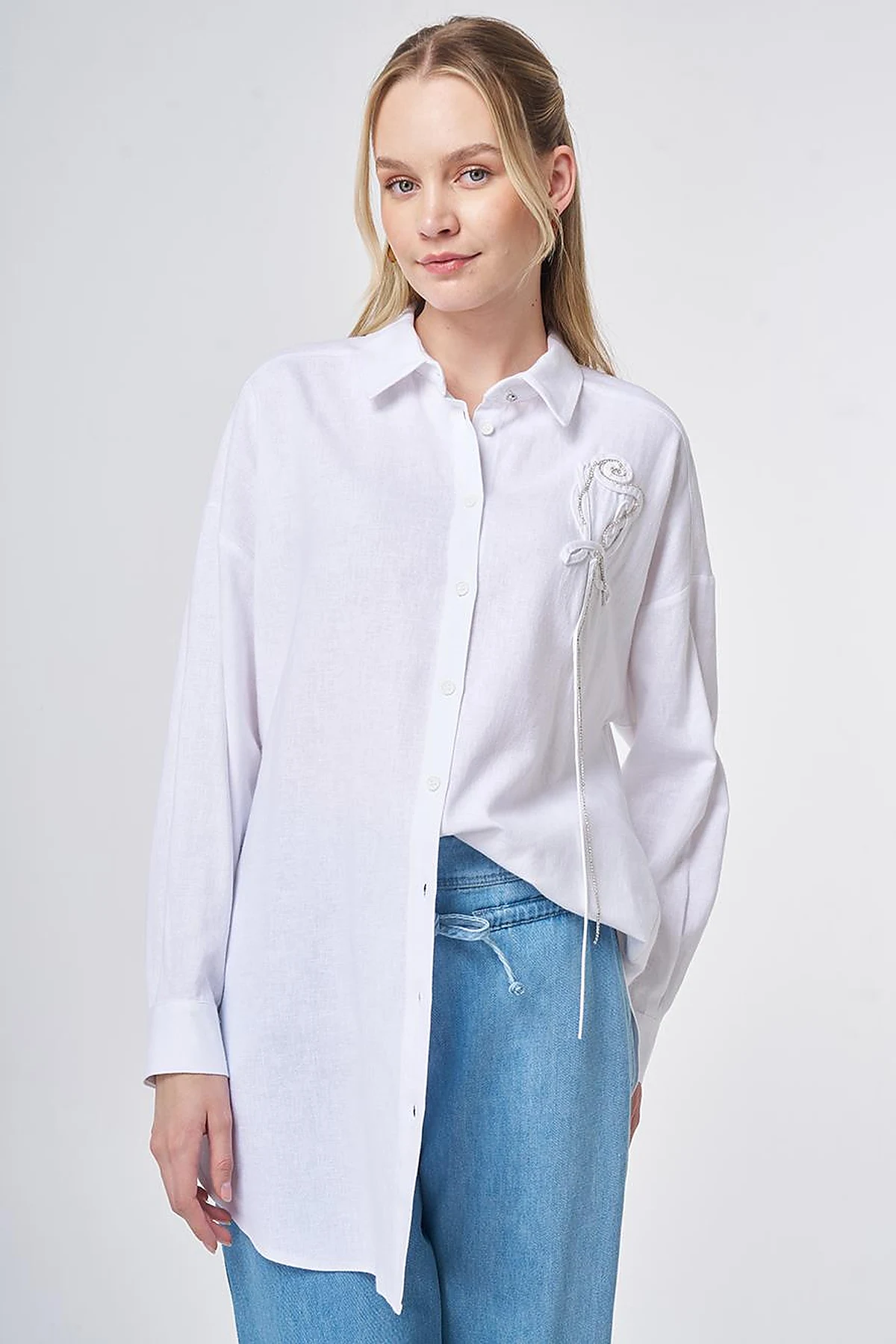 Stone-Embellished Linen Viscose Tunic Optical White