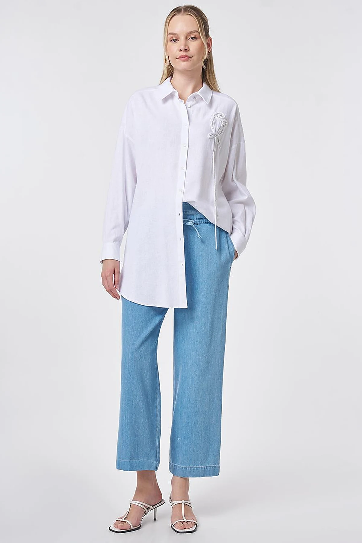 Stone-Embellished Linen Viscose Tunic Optical White