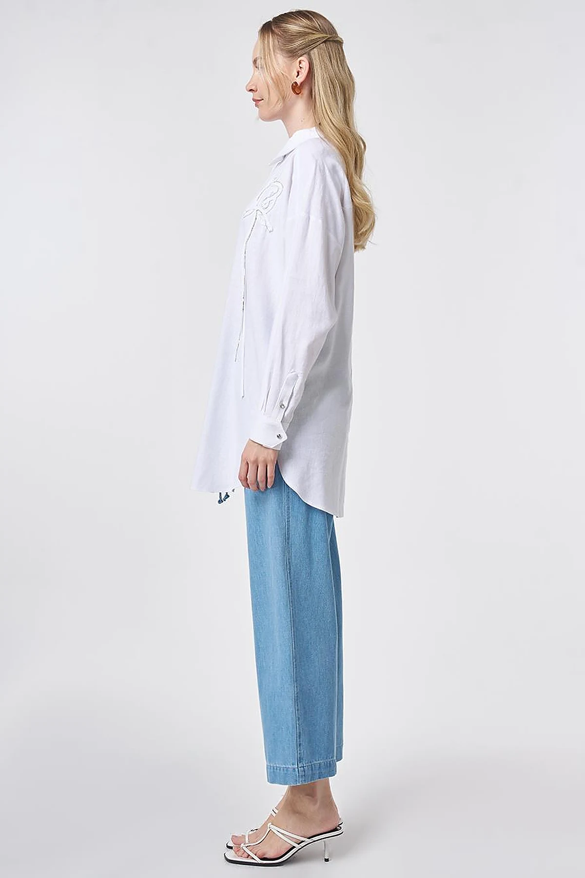 Stone-Embellished Linen Viscose Tunic Optical White