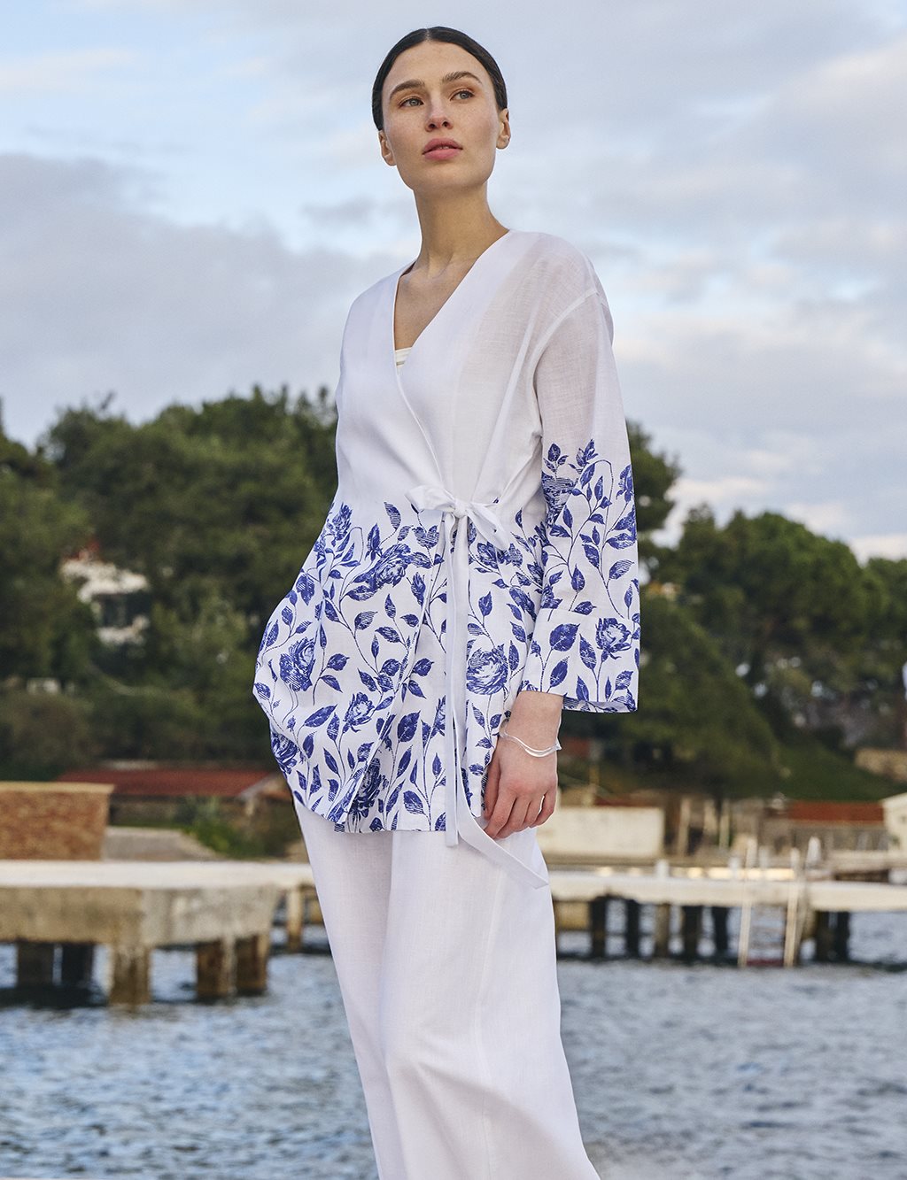 100% Cotton Double-Breasted Tie-Waist Two-Piece Set Optical White