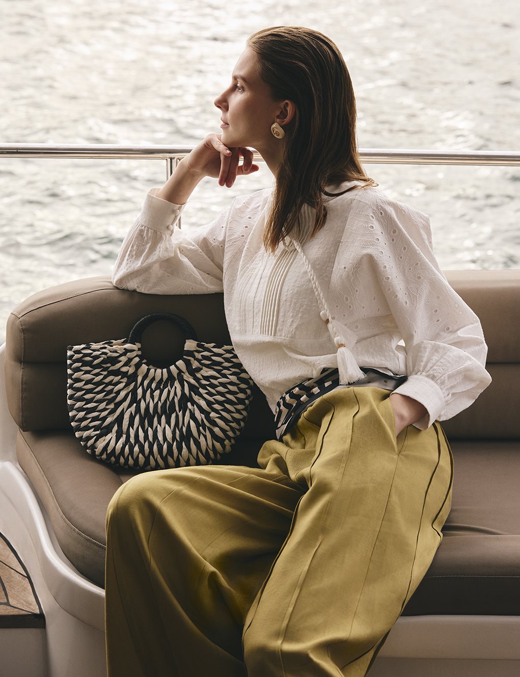 Ribbed Seam Cotton Blouse Off-White