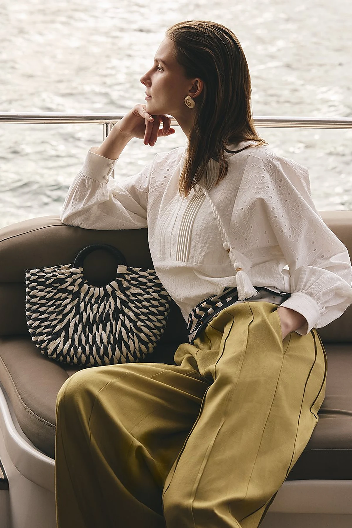 Ribbed Seam Cotton Blouse Off-White