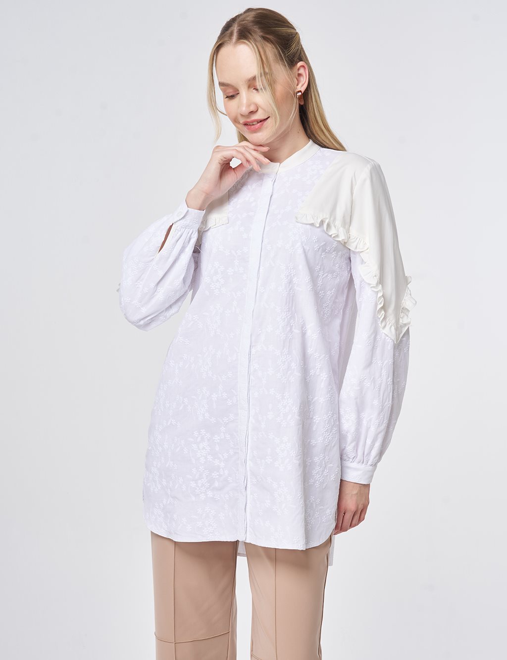 100% Cotton Frilled Tunic Optical White
