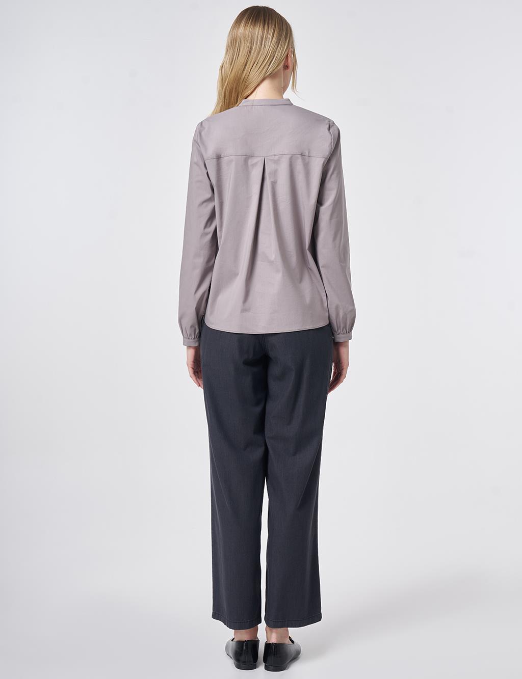 Tie-Neck Cotton Blouse Light Grey