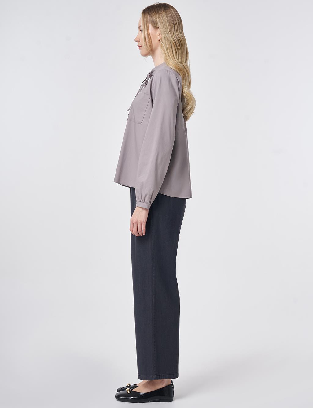 Tie-Neck Cotton Blouse Light Grey