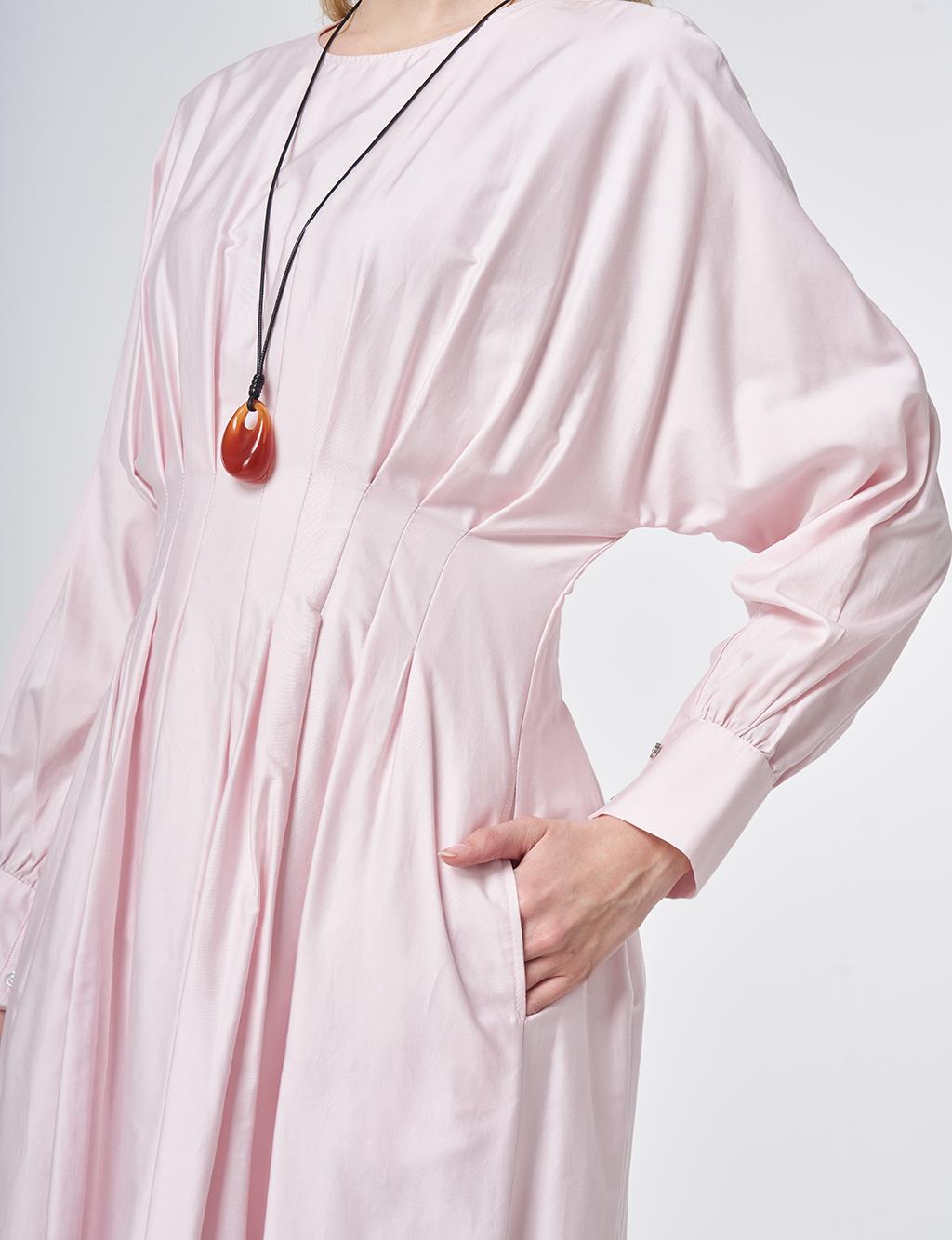 100% Cotton Pleated Detail Dress Powder Pink