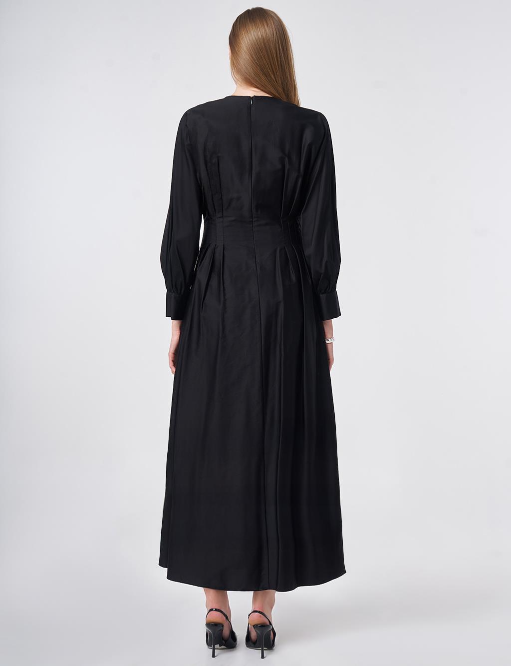 100% Cotton Pleated Detail Dress Black