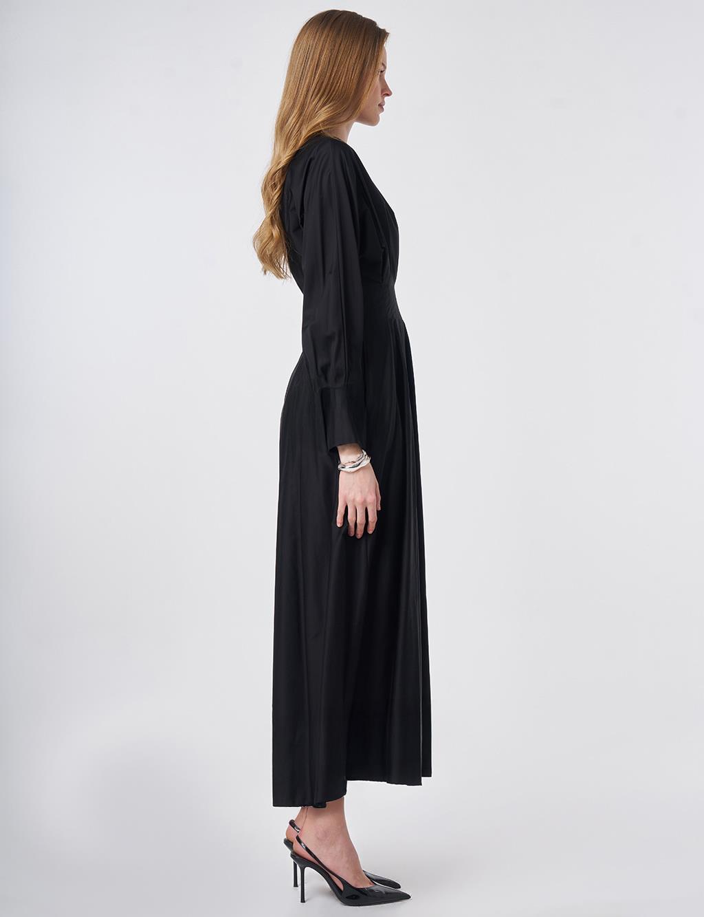 100% Cotton Pleated Detail Dress Black
