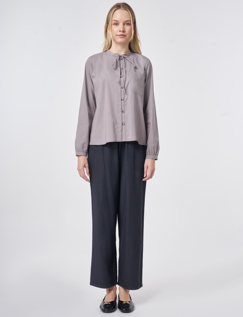 Tie-Neck Cotton Blouse Light Grey