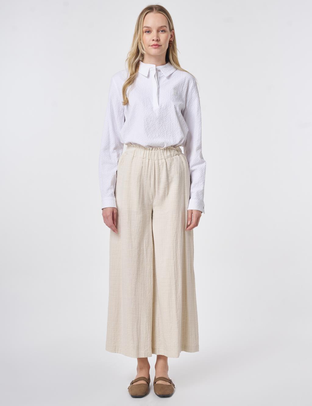 Elastic Waist Wide-Leg Trousers Cream