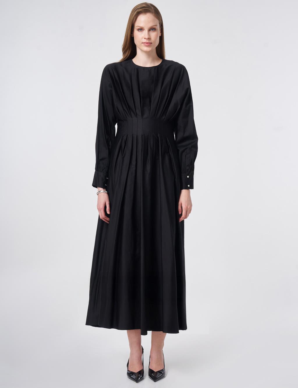 100% Cotton Pleated Detail Dress Black