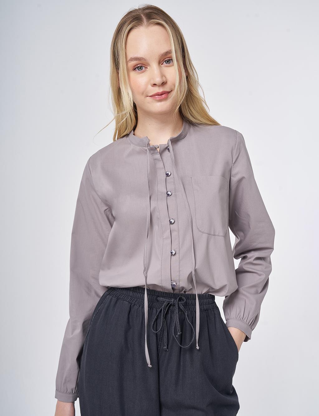 Tie-Neck Cotton Blouse Light Grey