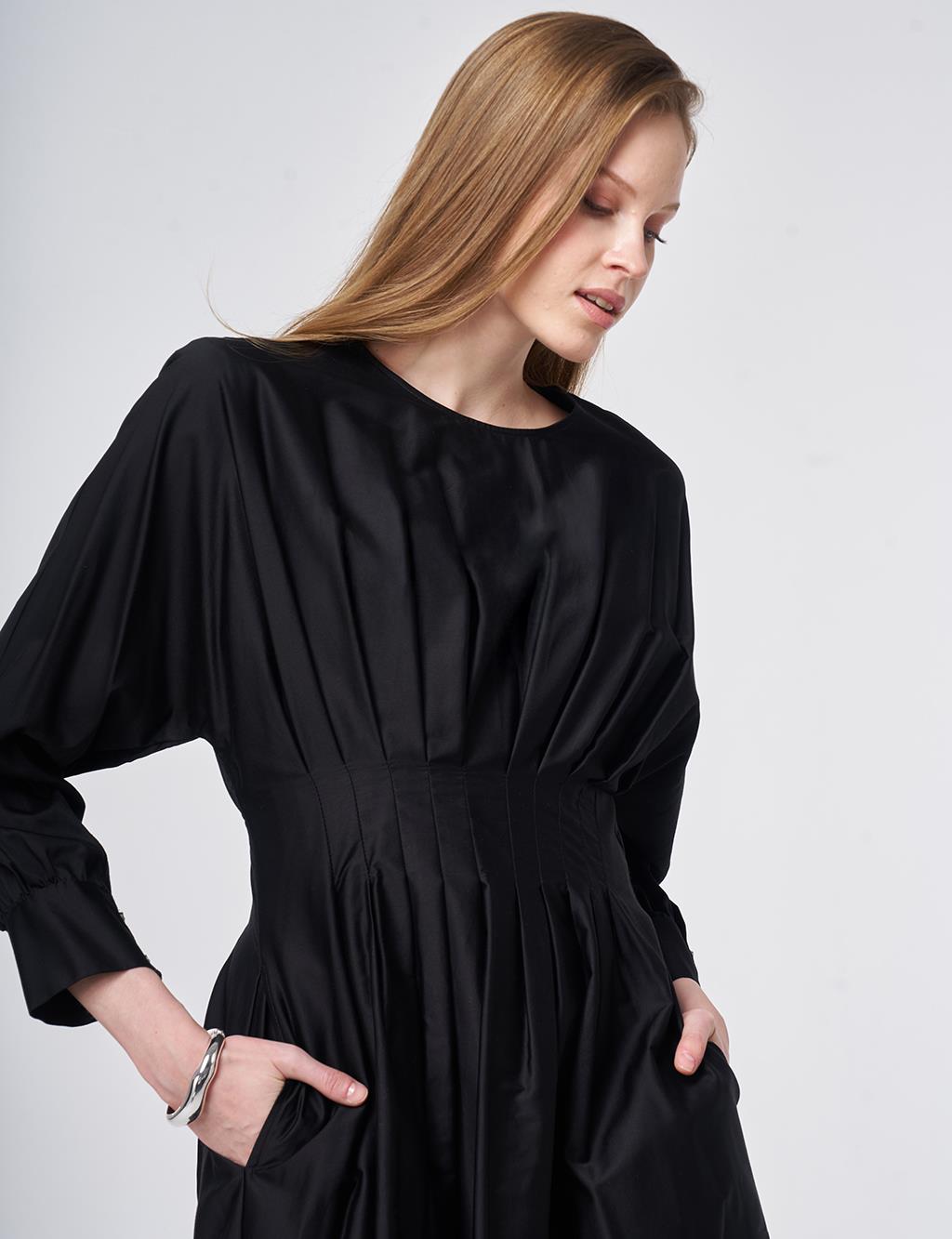 100% Cotton Pleated Detail Dress Black