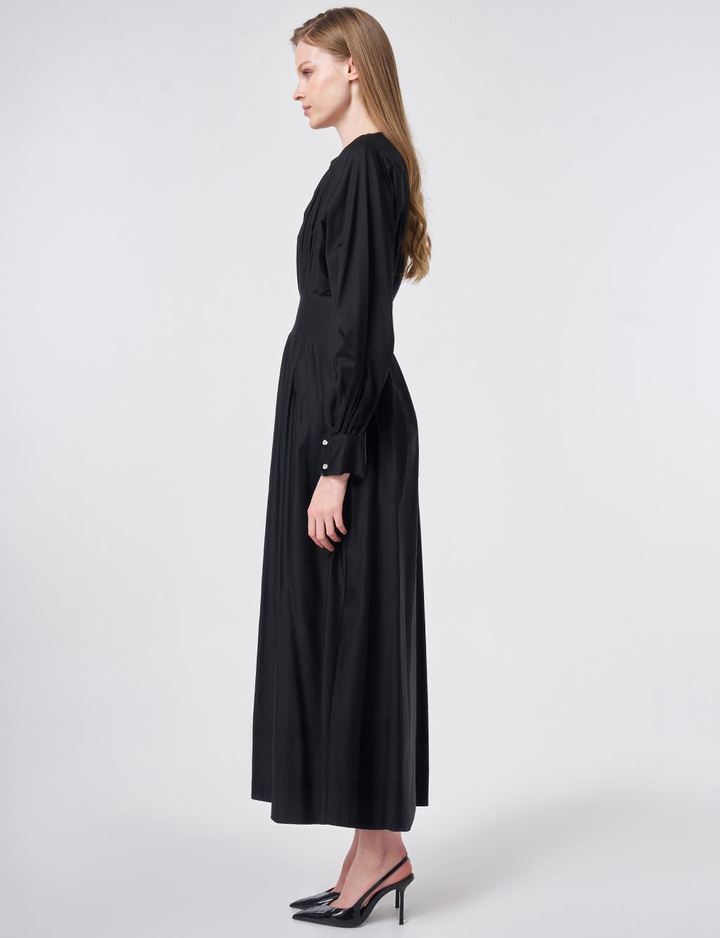 100% Cotton Pleated Detail Dress Black