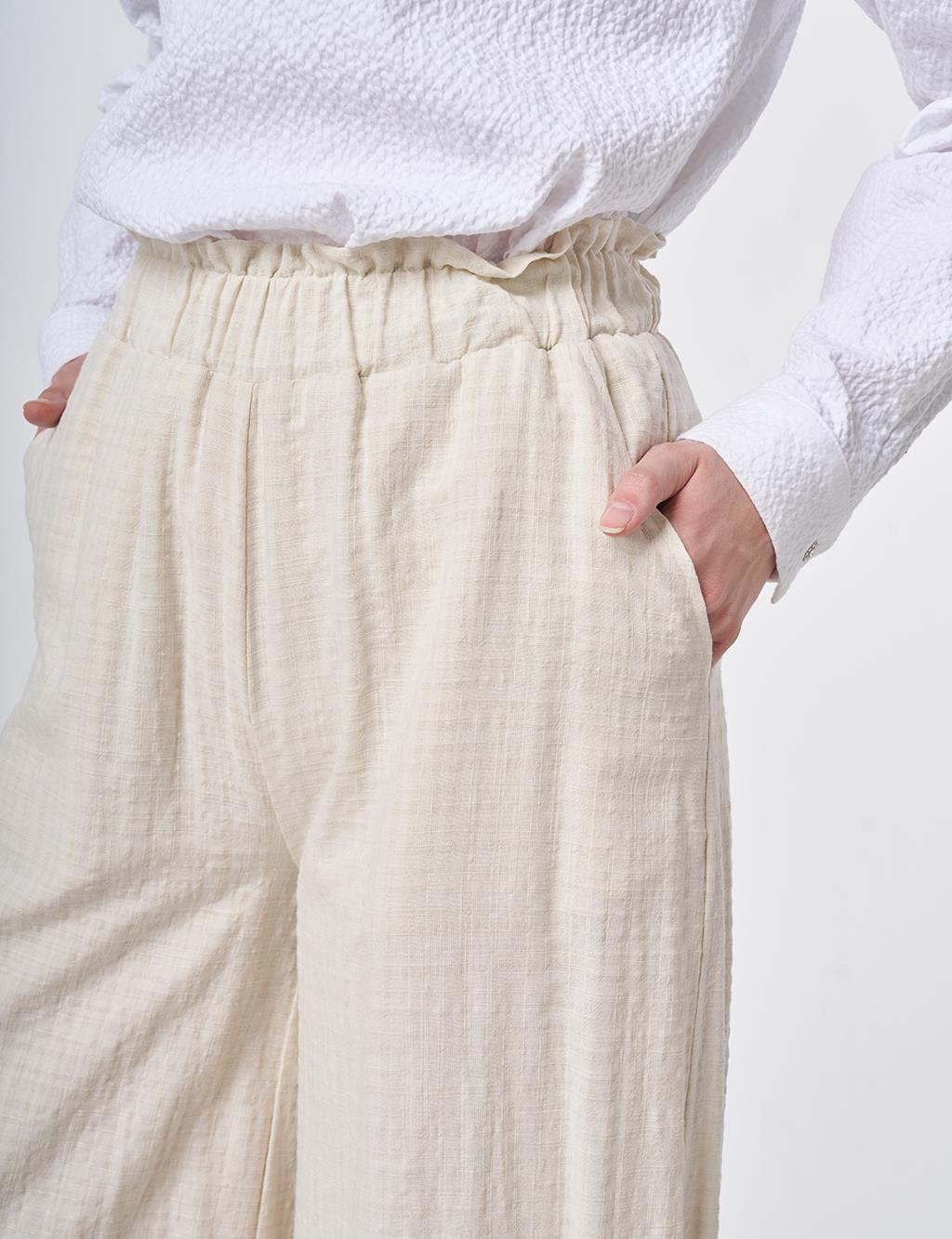 Elastic Waist Wide-Leg Trousers Cream