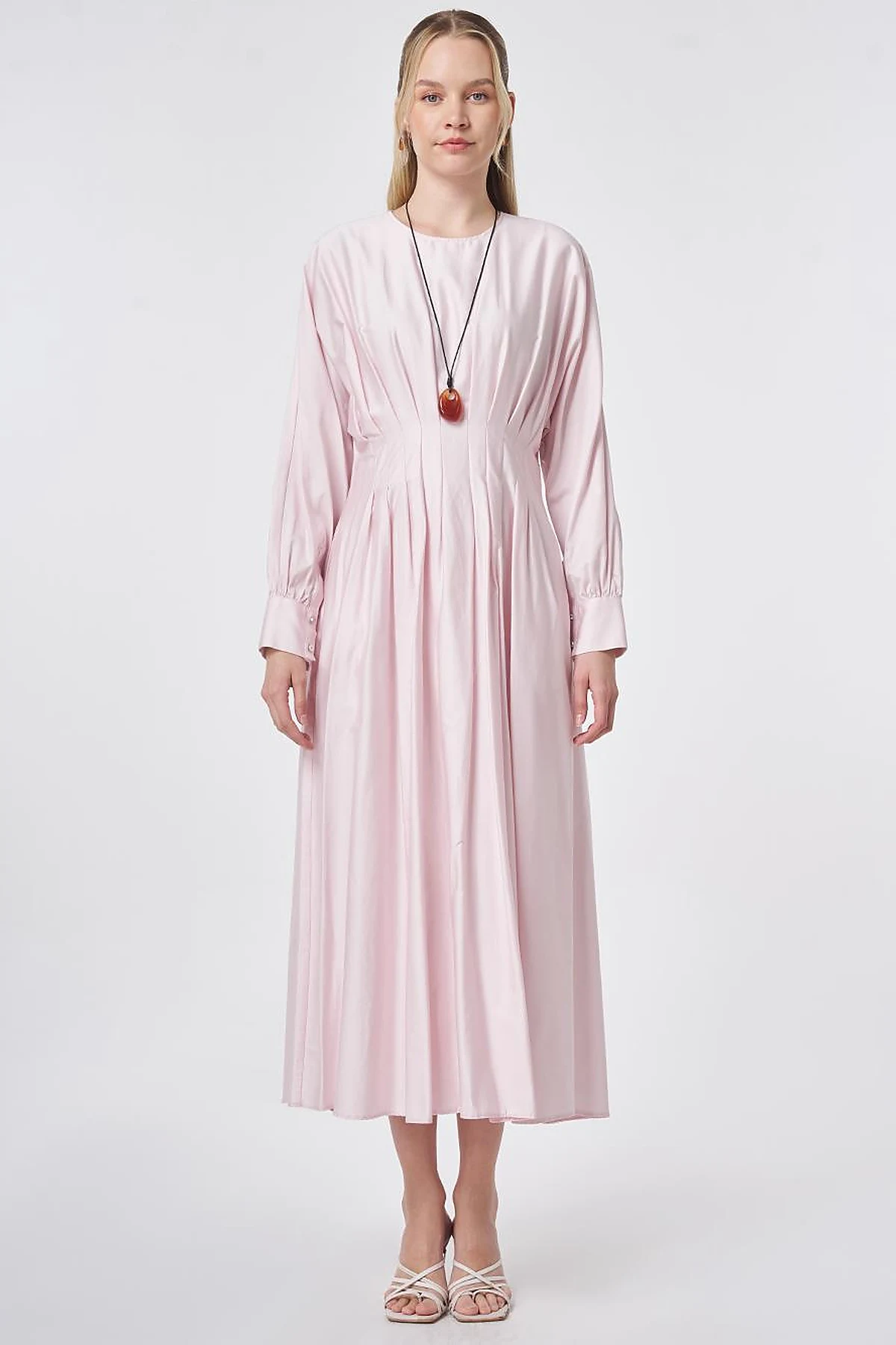 100% Cotton Pleated Detail Dress Powder Pink