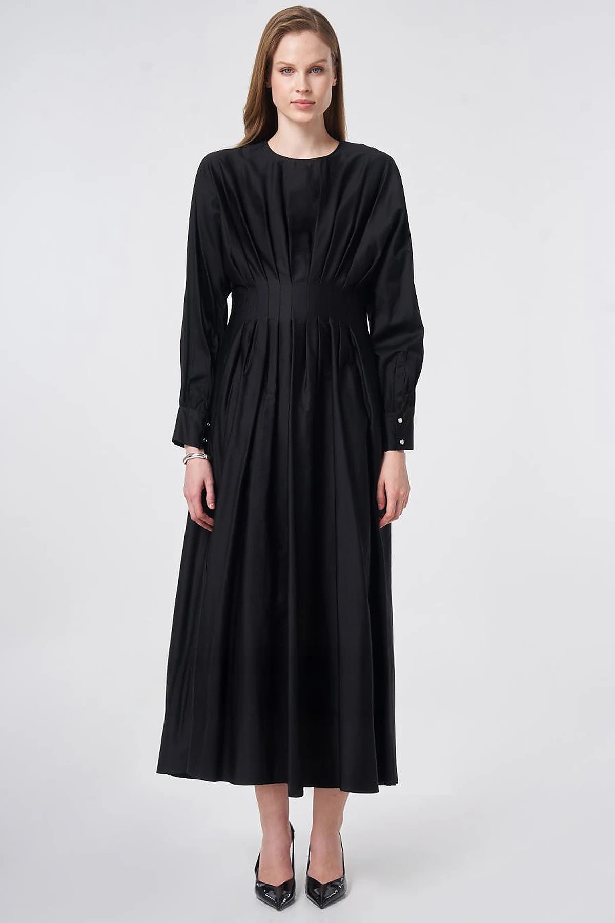 100% Cotton Pleated Detail Dress Black