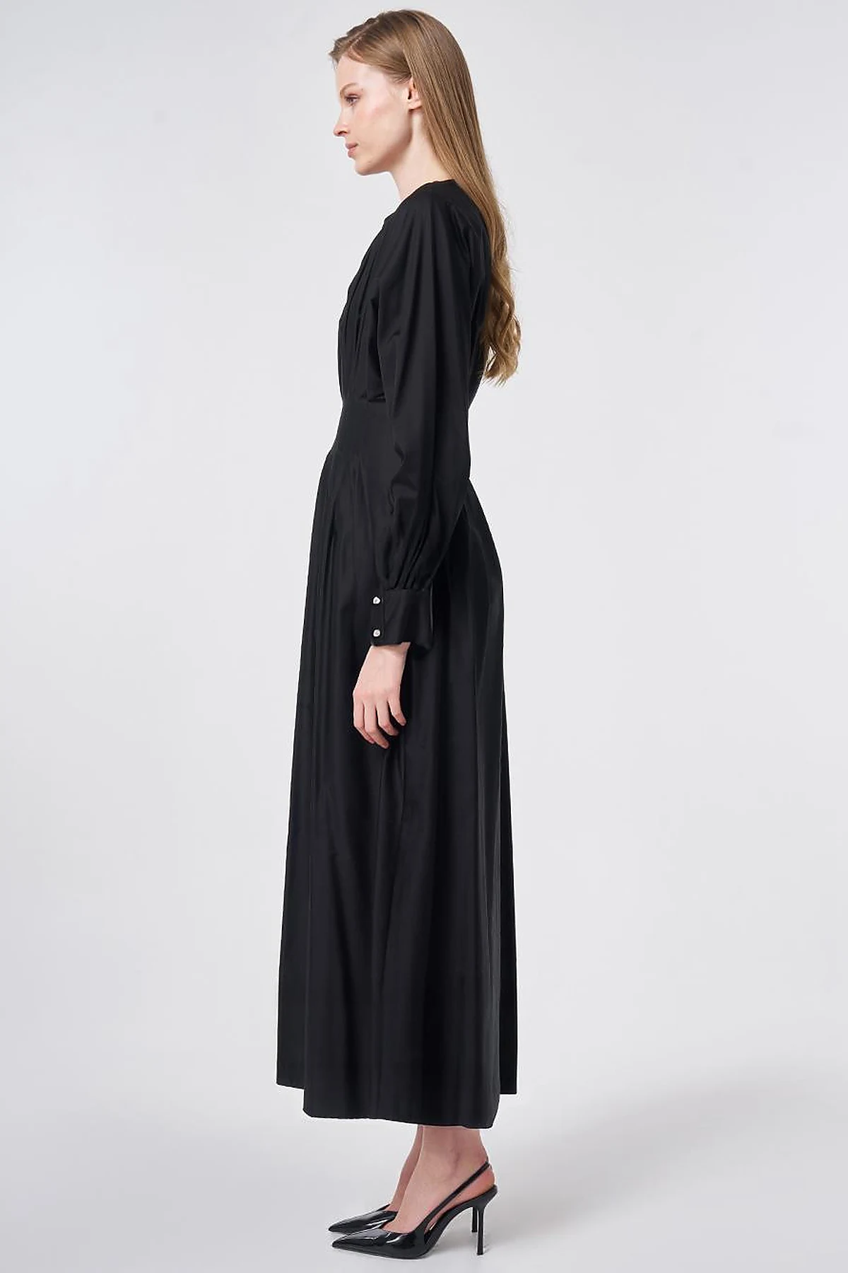 100% Cotton Pleated Detail Dress Black