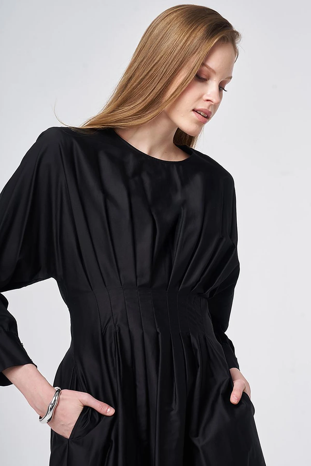 100% Cotton Pleated Detail Dress Black