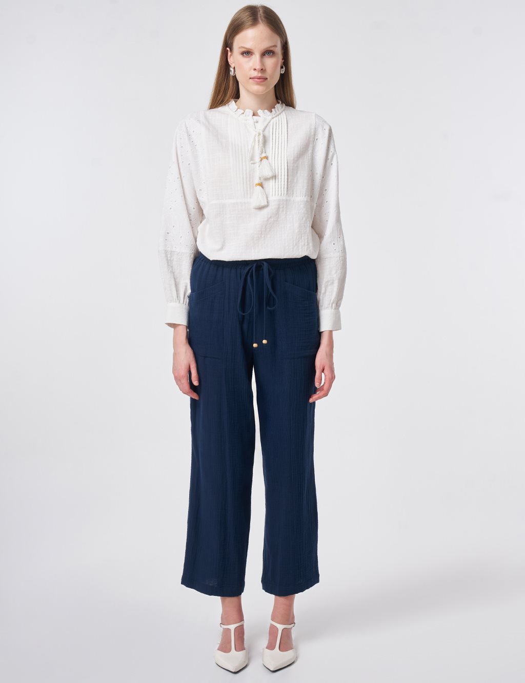 Wide-Pocket Muslin Pants Dark Navy