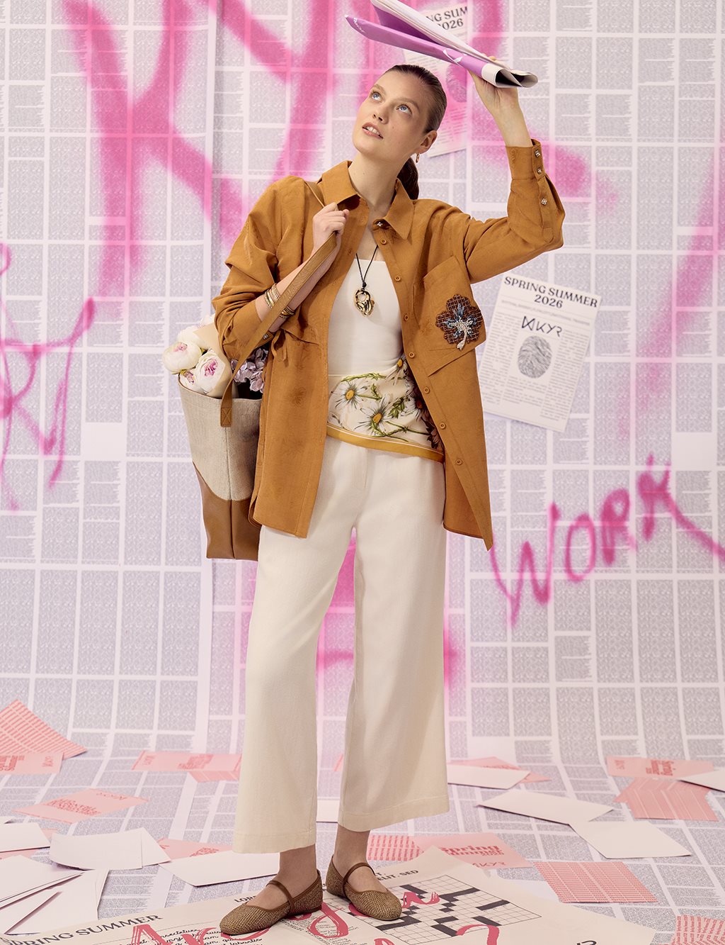 Elastic Waist Wide-Leg Trousers Cream