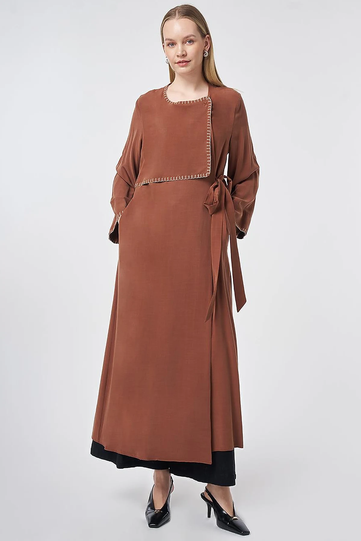 Topstitched Modal Throw-On Cardigan – Brown