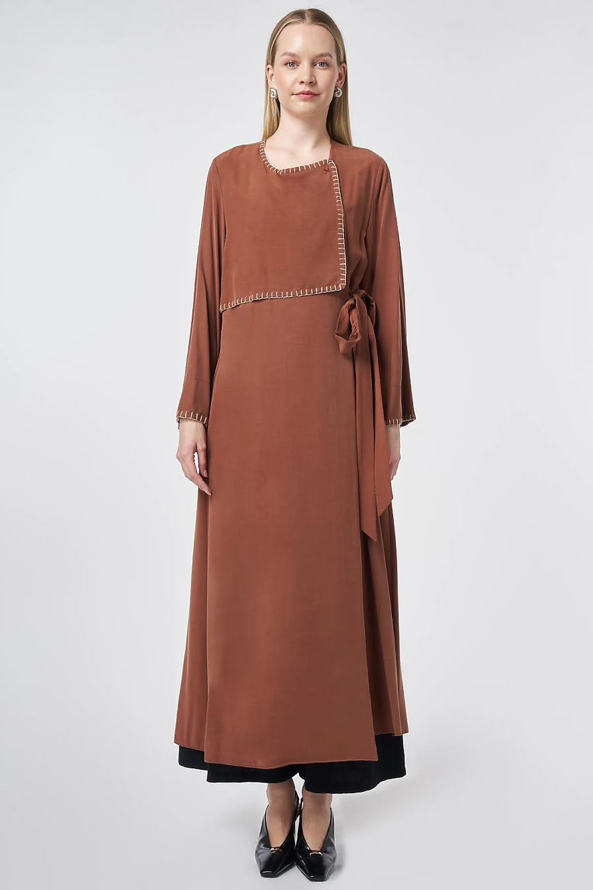 Topstitched Modal Throw-On Cardigan – Brown