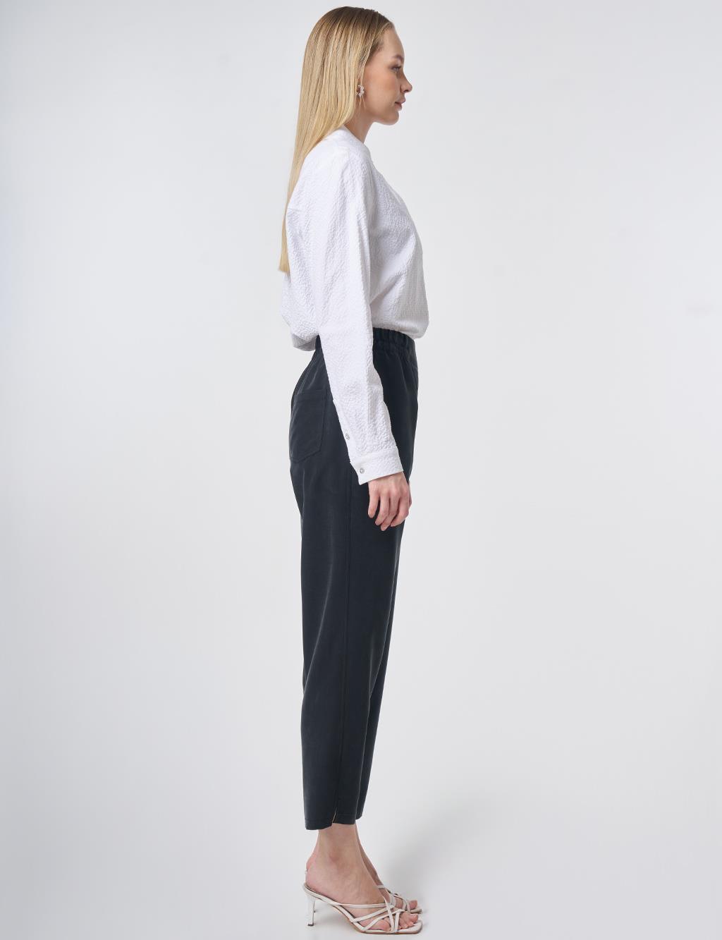 Metallic Printed Modal Carrot-Fit Trousers – Black