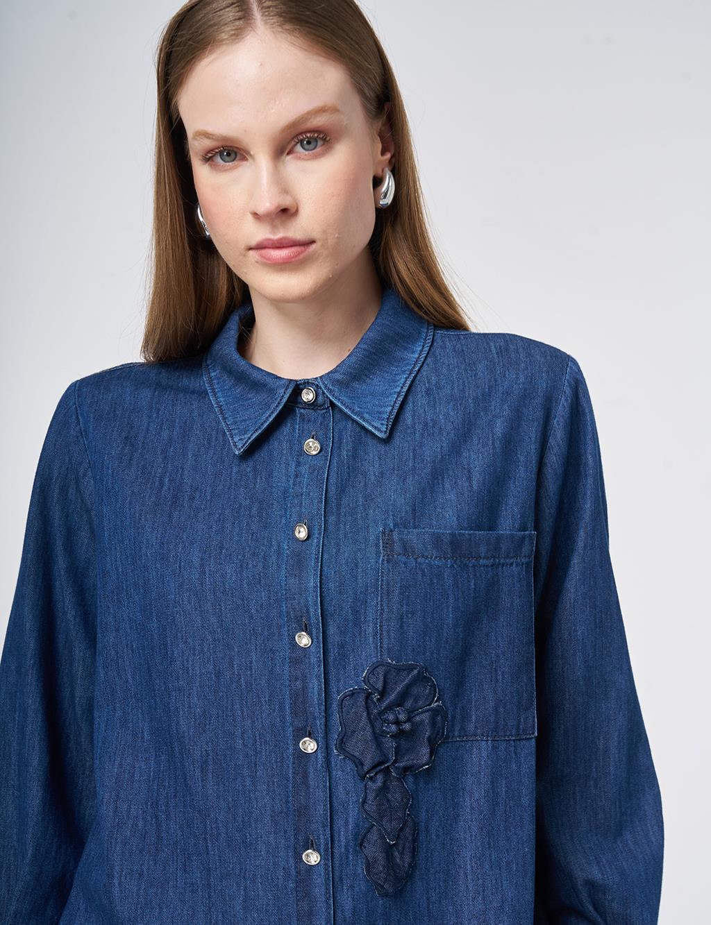 Washed Tunic with Embroidered Appliqué – Indigo