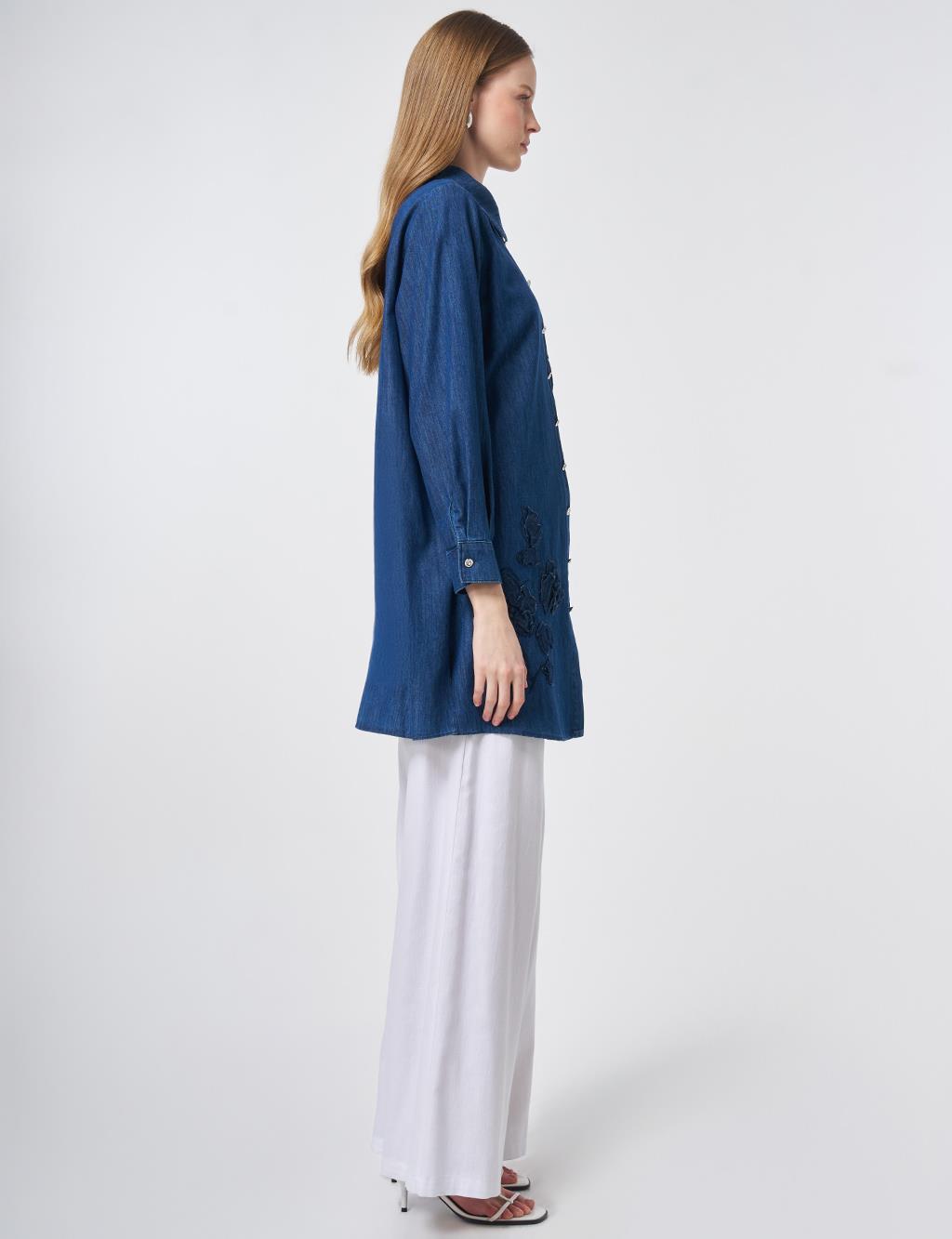 Washed Tunic with Embroidered Appliqué – Indigo