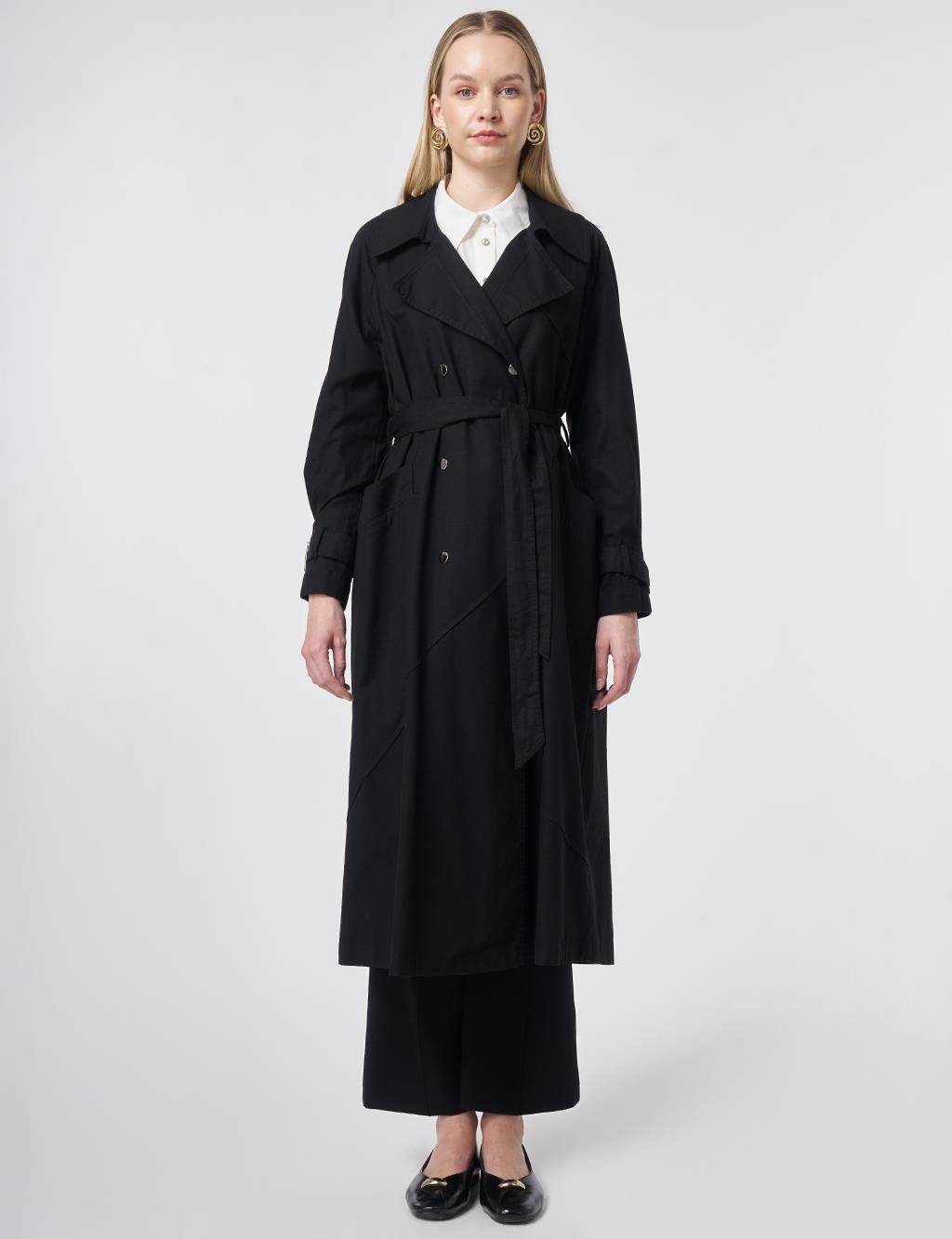 Stitch-Detail Trench Coat – Black