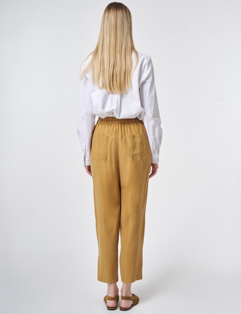 Metallic Printed Modal Carrot-Fit Trousers – Dark Mustard