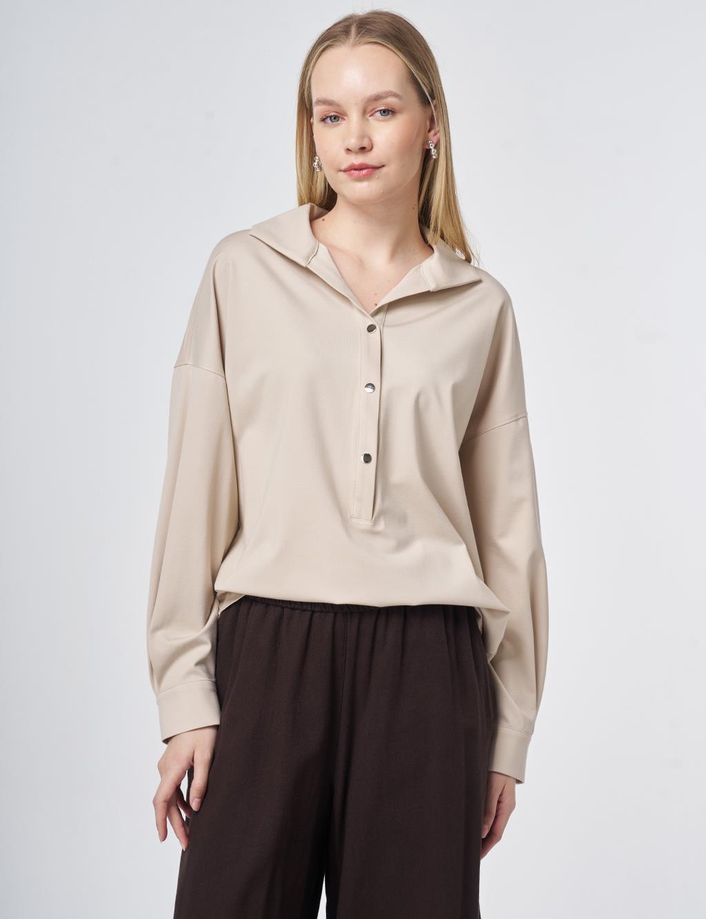 Polo Collar Rayon Sweatshirt – Stone