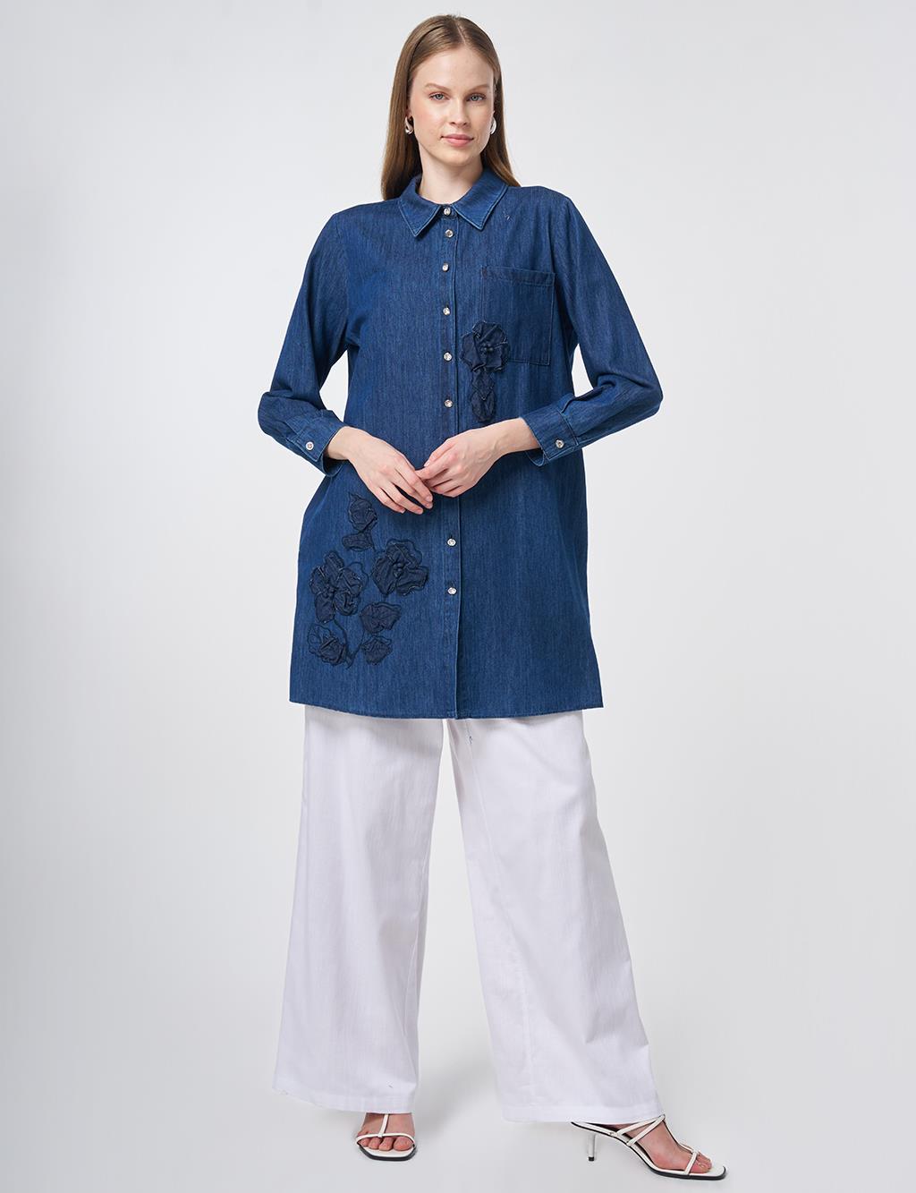 Washed Tunic with Embroidered Appliqué – Indigo