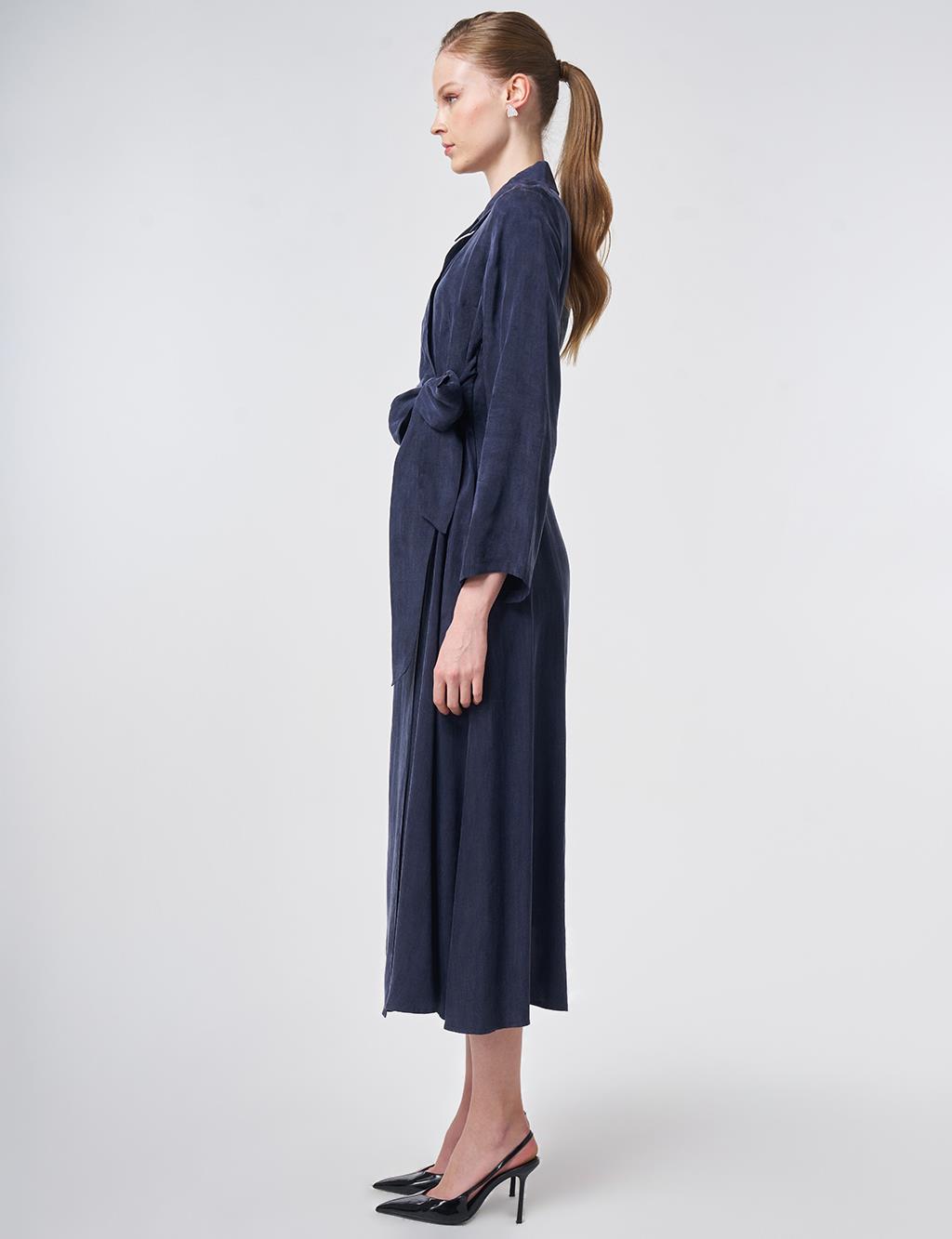 %100 Lyocell Bel Detaylı Elbise Koyu Lacivert 