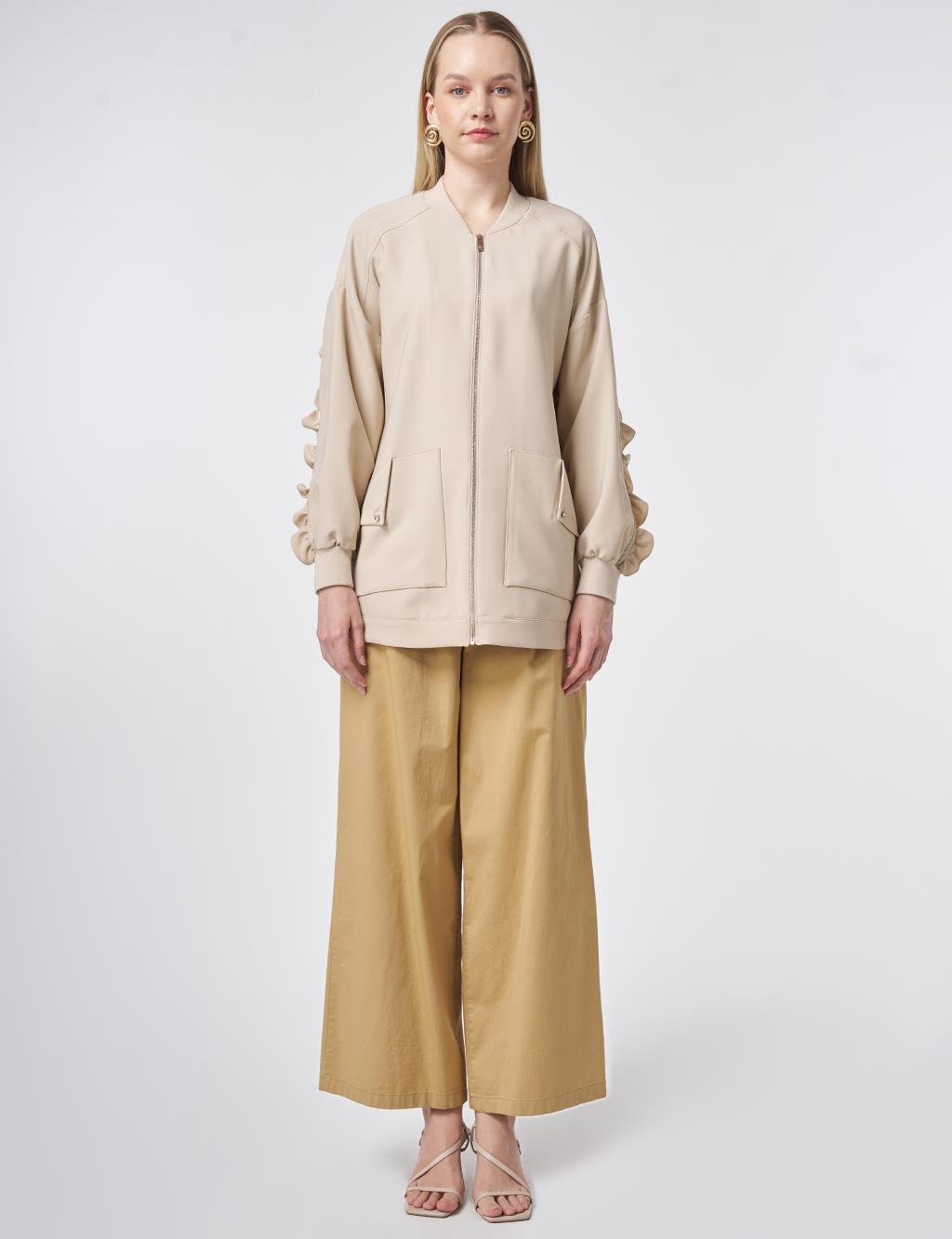 Ruffle-Detail College Collar Jacket – Stone