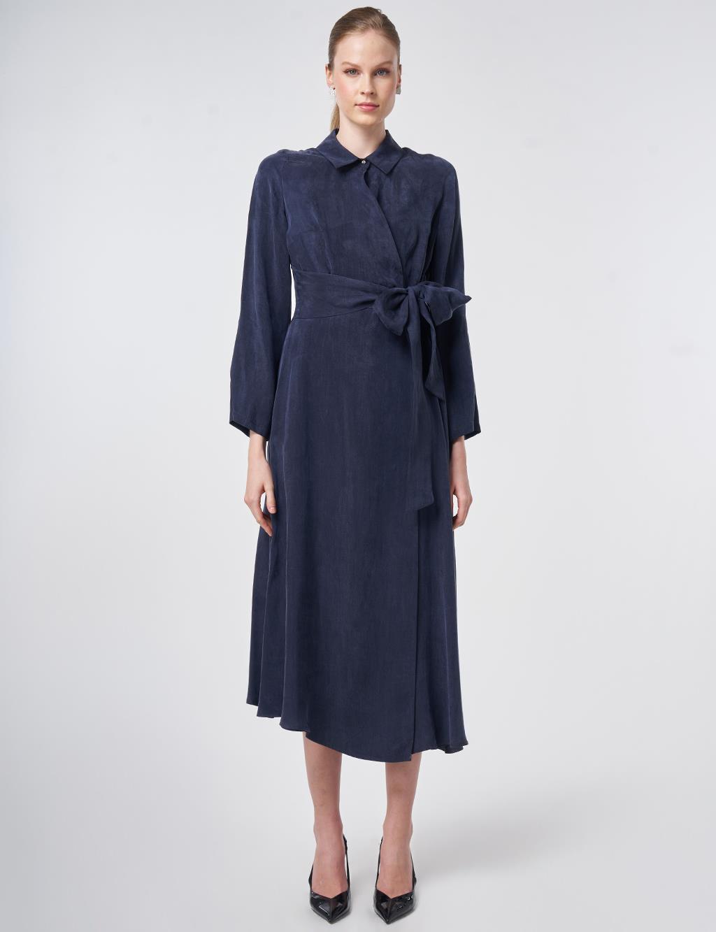 %100 Lyocell Bel Detaylı Elbise Koyu Lacivert 