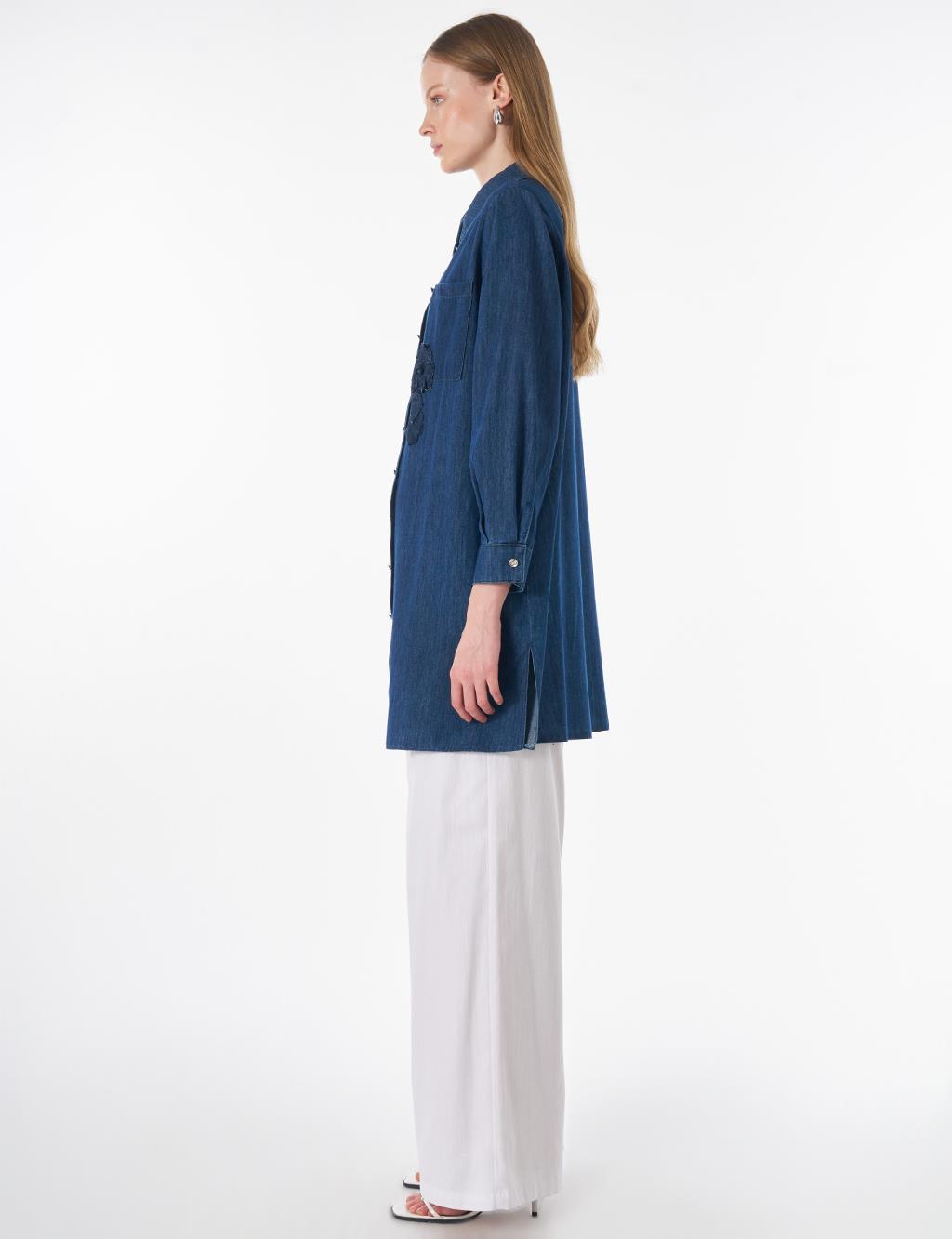 Washed Tunic with Embroidered Appliqué – Indigo