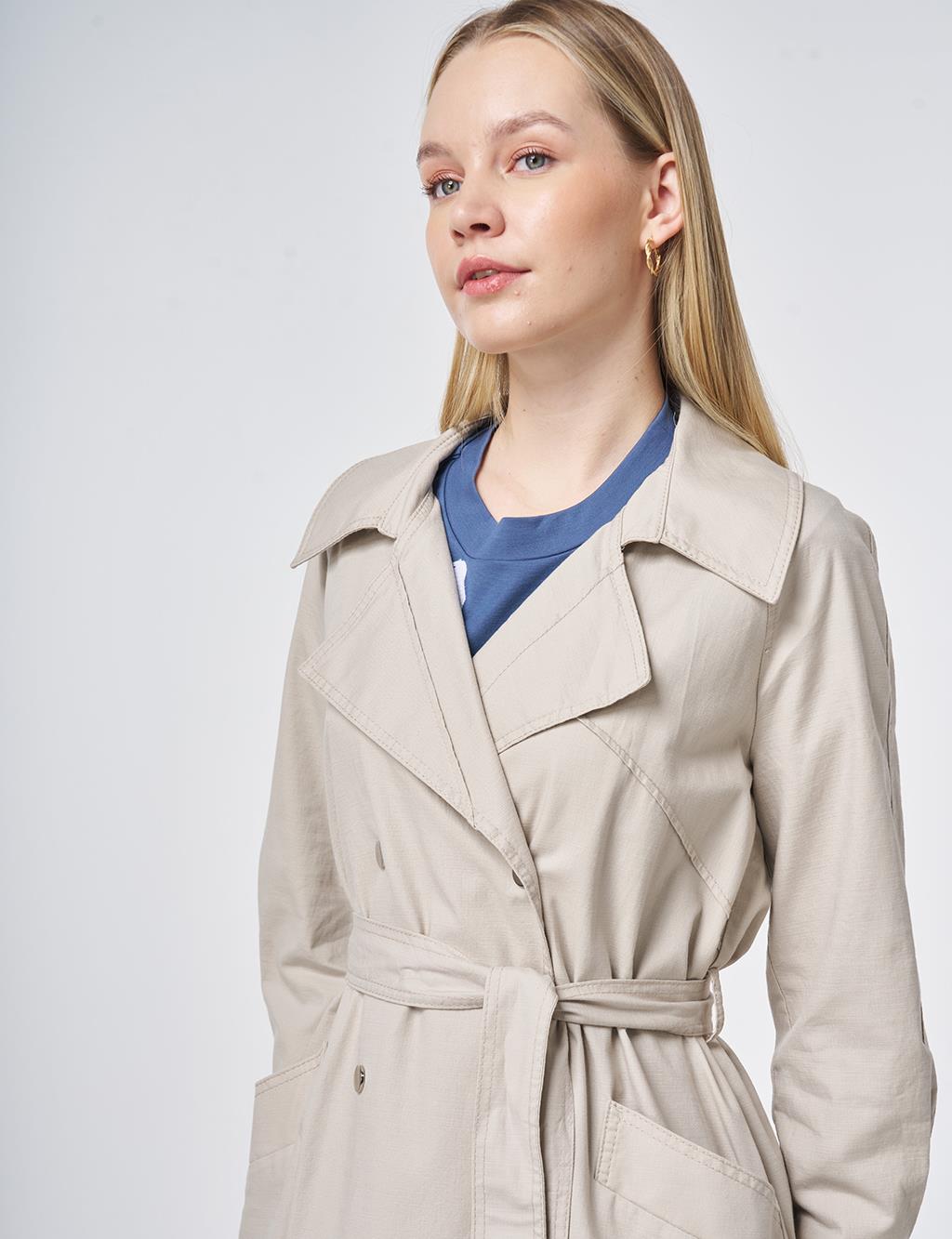 Stitch-Detail Trench Coat – Stone