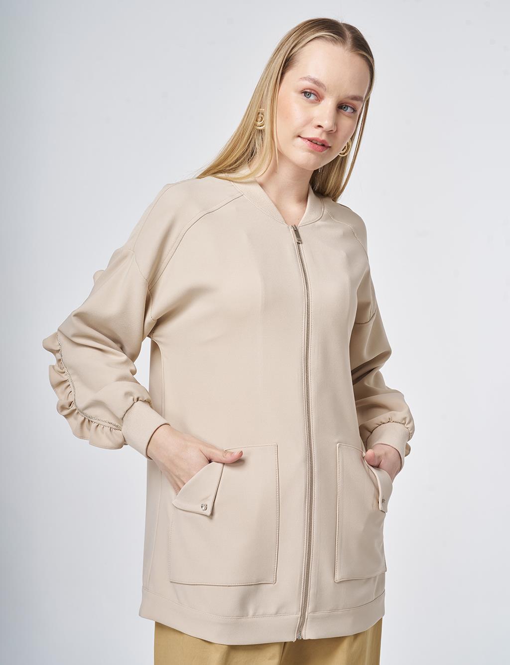 Ruffle-Detail College Collar Jacket – Stone