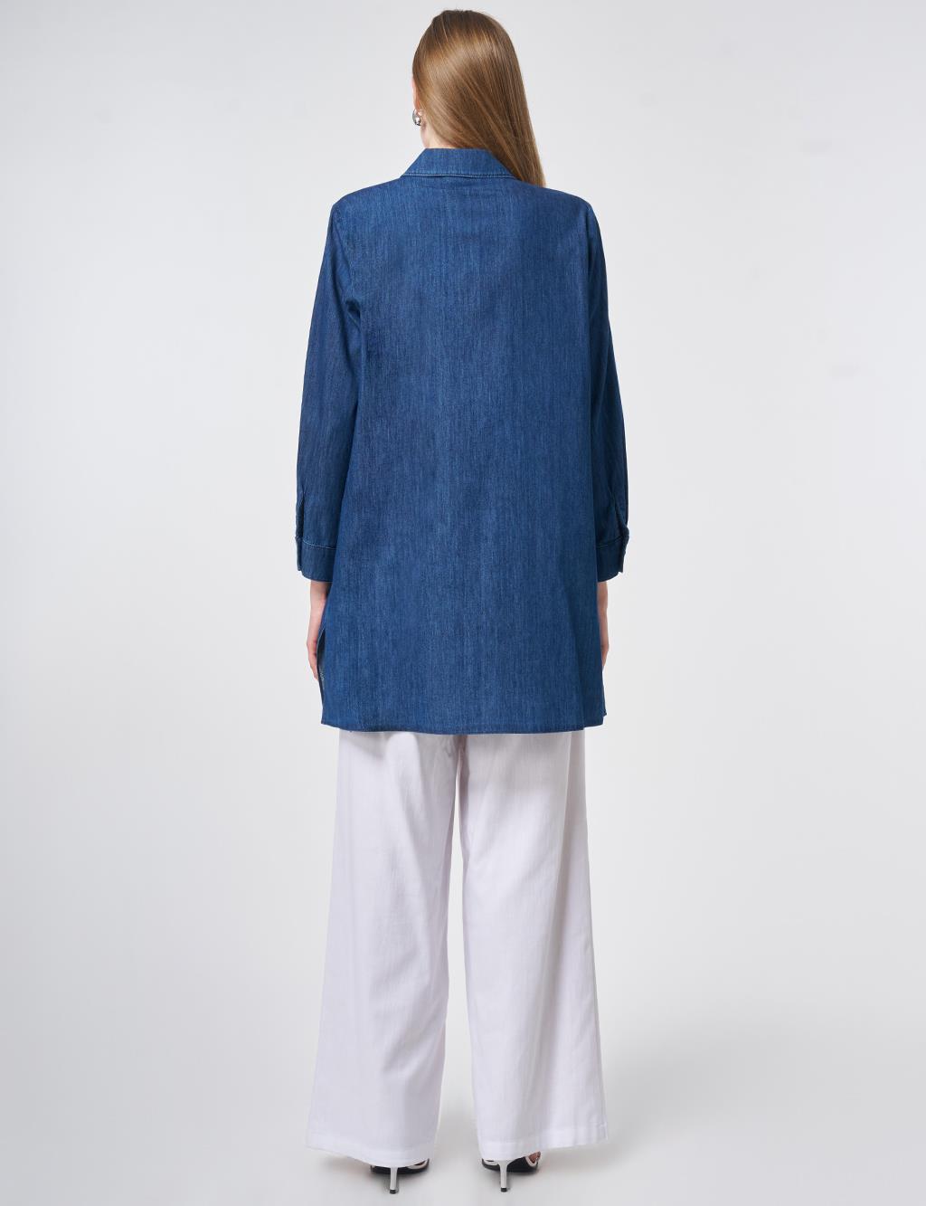 Washed Tunic with Embroidered Appliqué – Indigo