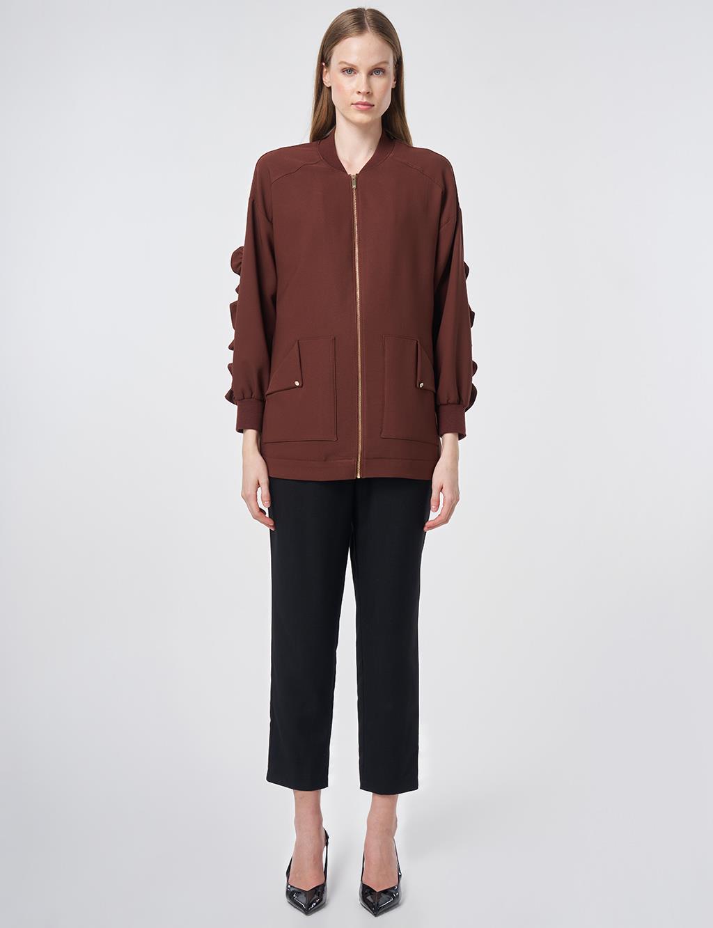 Ruffle-Detail College Collar Jacket – Chocolate