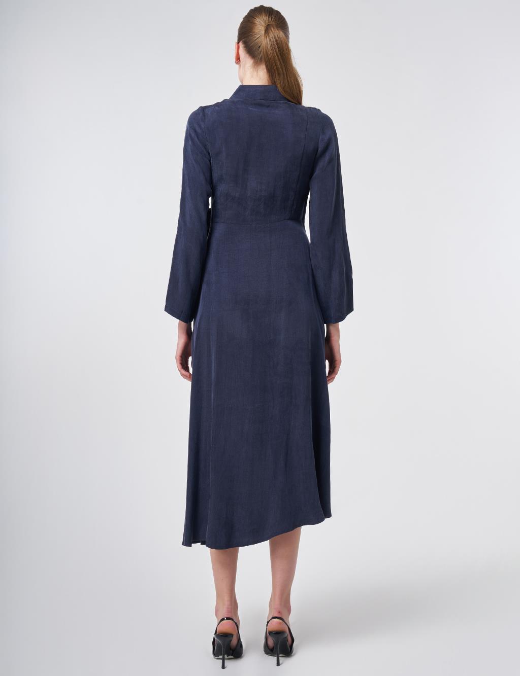 %100 Lyocell Bel Detaylı Elbise Koyu Lacivert 