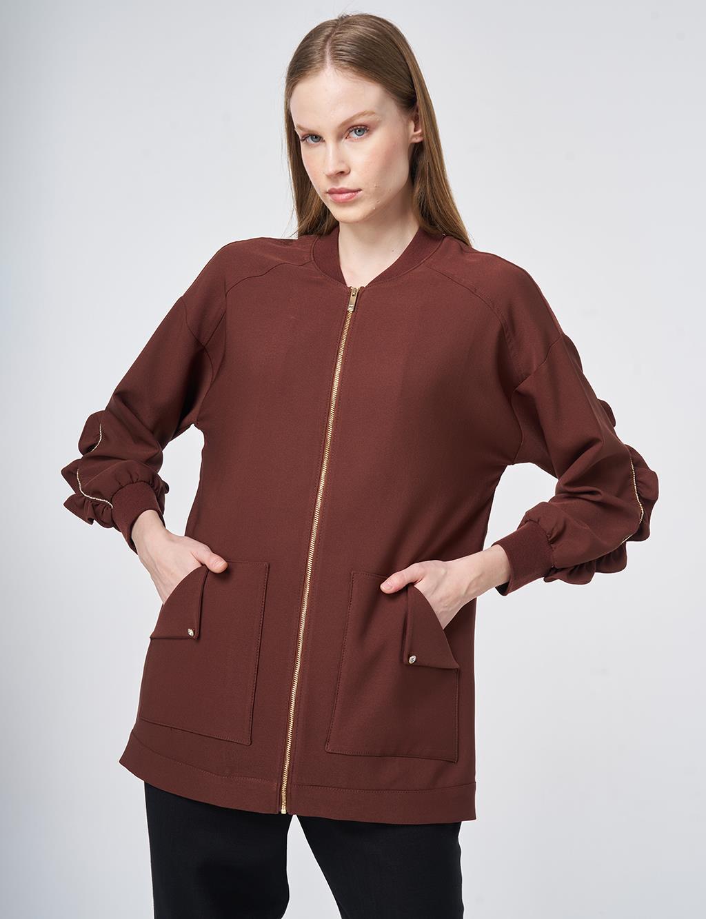 Ruffle-Detail College Collar Jacket – Chocolate