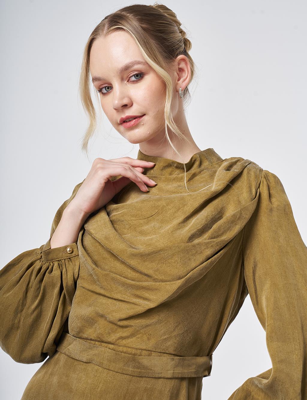 100% Lyocell Cowl Neck Dress – Dark Olive