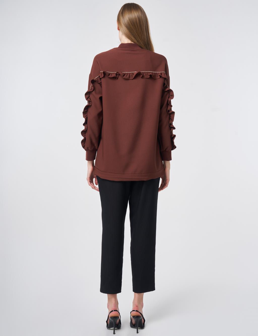 Ruffle-Detail College Collar Jacket – Chocolate