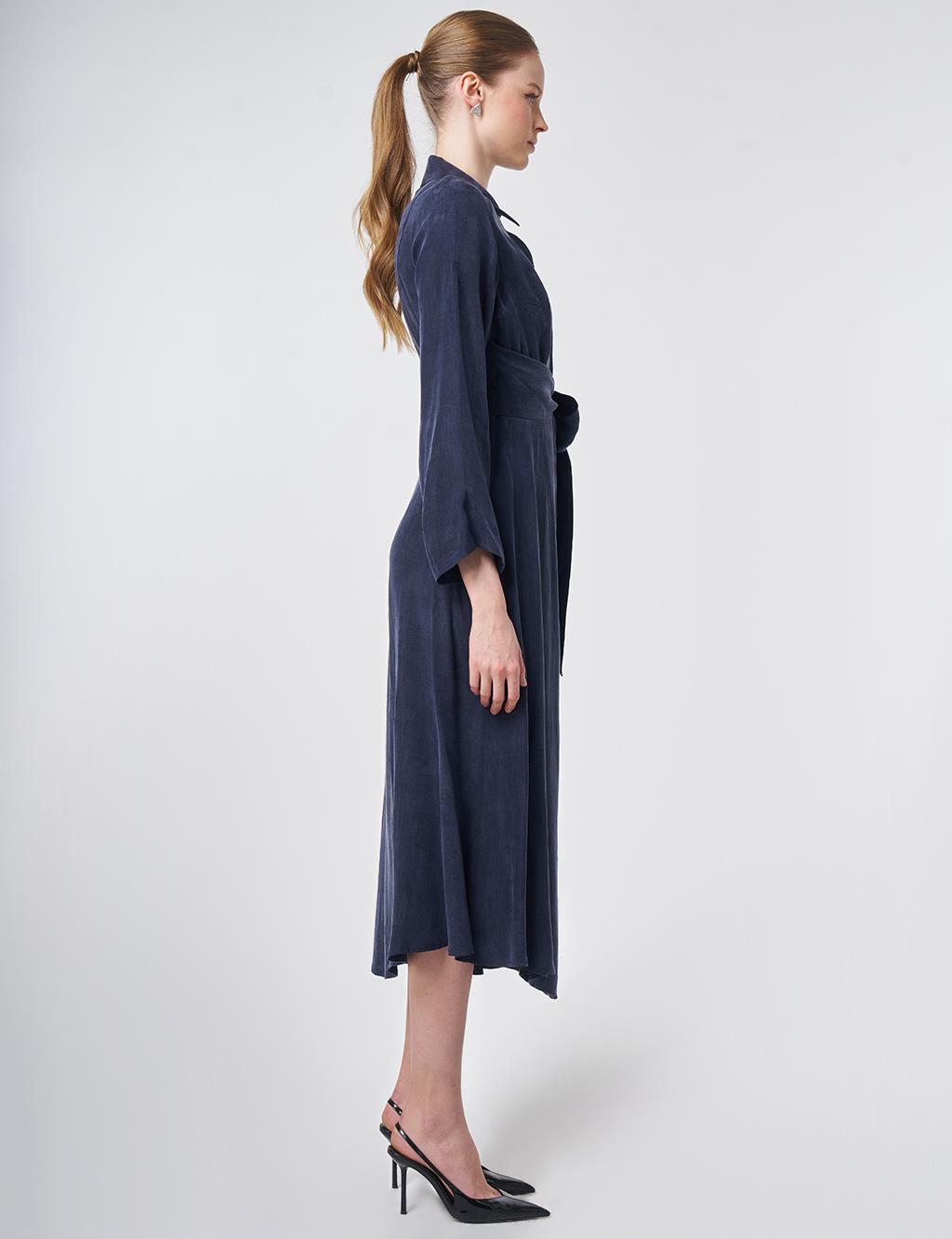 %100 Lyocell Bel Detaylı Elbise Koyu Lacivert 